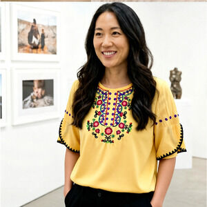 Embroidered Boho Yellow Cottage Core Hippie top S